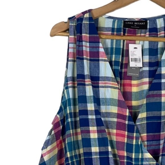 Lane Bryant Classic Surplice-Neck Belted Top 22 NEW Plaid Halter‎ Linen Cotton - Picture 6 of 14